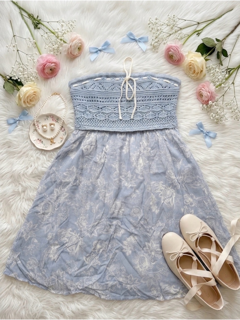 Light Blue Strapless Crochet Bodice Floral Summer Dress